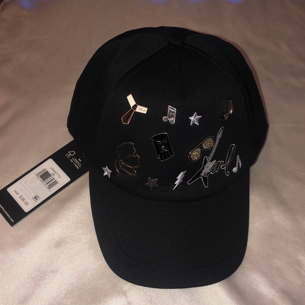 Karl Lagerfeld Black Baseball Cap With Fixed Charms & Appliqué Accents OS NWT